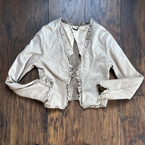 Lisii Tan Leather Cropped Open Jacket with Ruffle Trim - Picture 1 of 11
